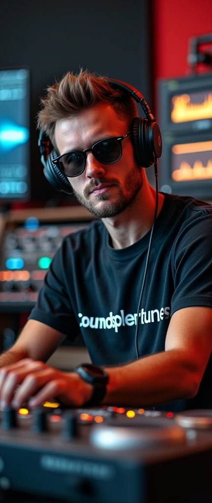A man wearing headphones with sunglasses and a T-shirt that says SoundSphereTunes, sitting in a music studio, upper body, looking towards the camera