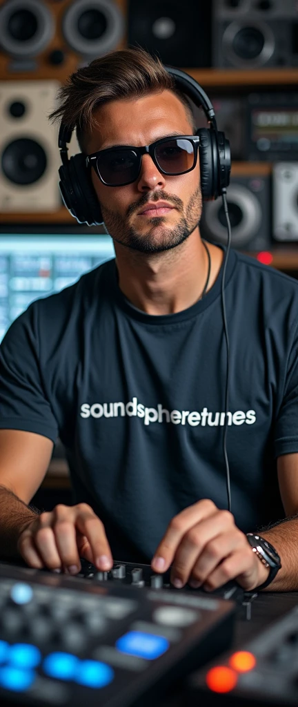 A man wearing headphones with sunglasses and a T-shirt that says SoundSphereTunes, sitting in a music studio, upper body, looking towards the camera