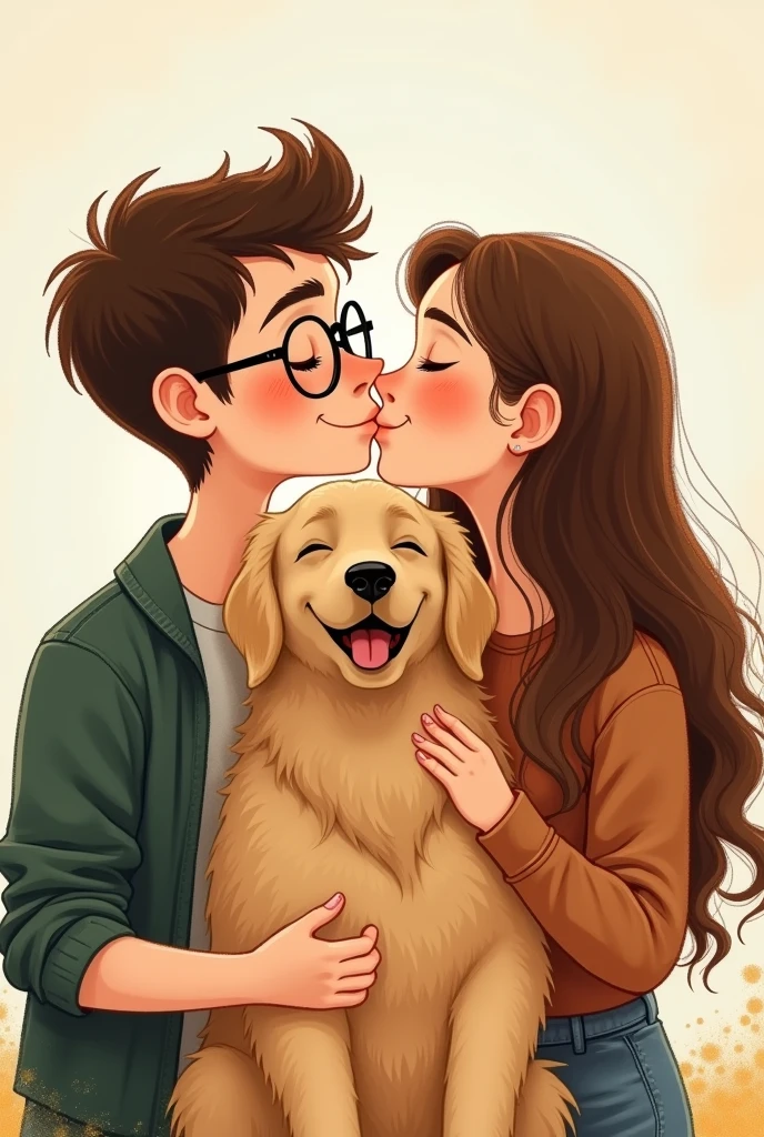 I want to create a drawing style design where it is a couple giving a kiss to a golden retriever. The boy wears glasses and the girl has long brown hair. Both with their eyes closed and the golden retriever in the middle of the two smiling. The couple is giving a kiss to the retriever, both of them giving the retriever a drawing style, painting, not anime.