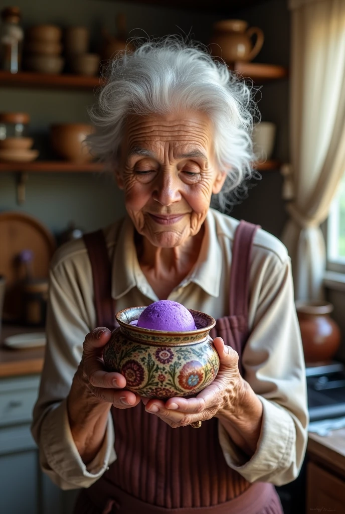 an old woman picking up an small pot with purple ice cream inside