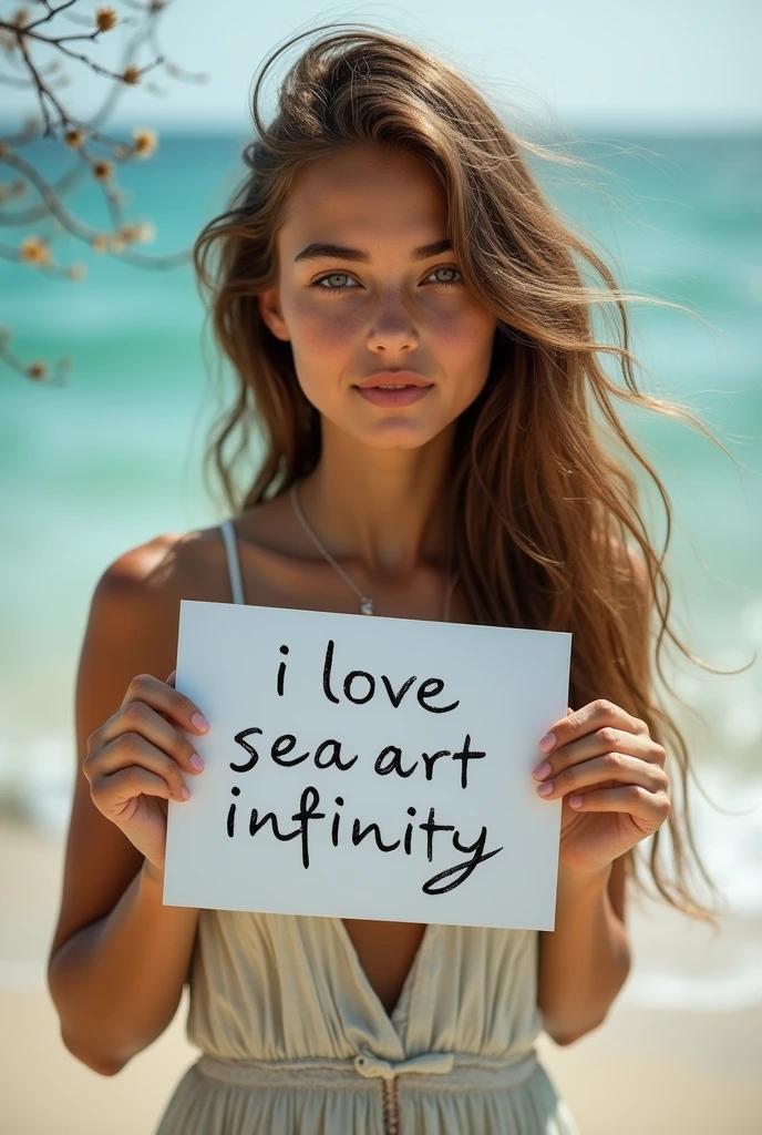 Beautiful girl with wavy long hair, bohemian dress, holding a white board with text "I Love Seaart Infinity" and showing it to the viewer