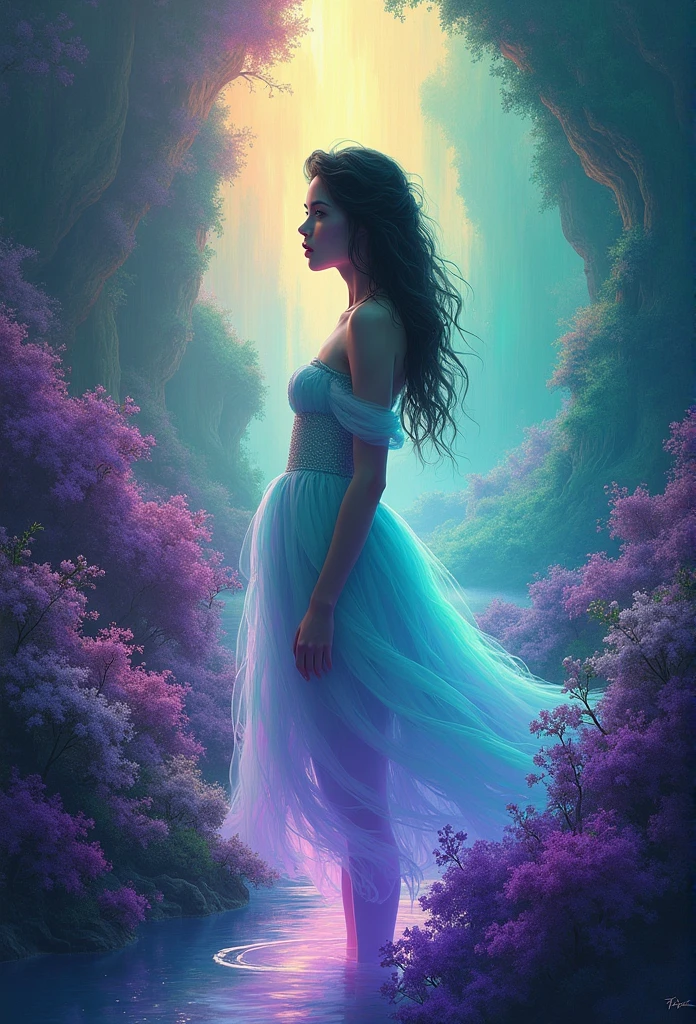 a woman standing, glowing neon colors purple, turquoise, green iridicent inspired by Yanjun Cheng, inspired by Russell Dongjun Lu, beeple and james jean, by Russell Dongjun Lu, surreal painting, emotional surrealist art, yuri shwedoff and tom bagshaw, inspired by Jean Malouel, surrealism aesthetic, tom bagshaw style