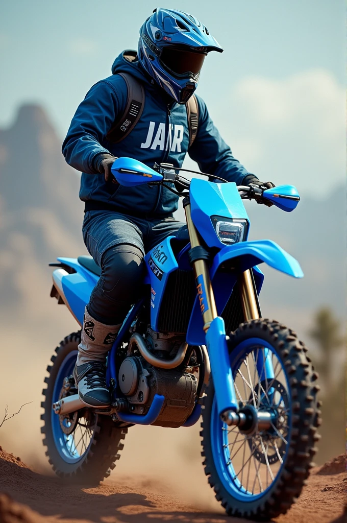 Blue enduro motorcycle and the owner with a helmet and a jacket with the name JAIR in large letters