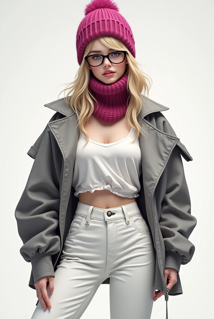 Female character white blouse white pants headphones dark pink kitten balaclava gray jacket black glasses with blonde hair and freckles on the face