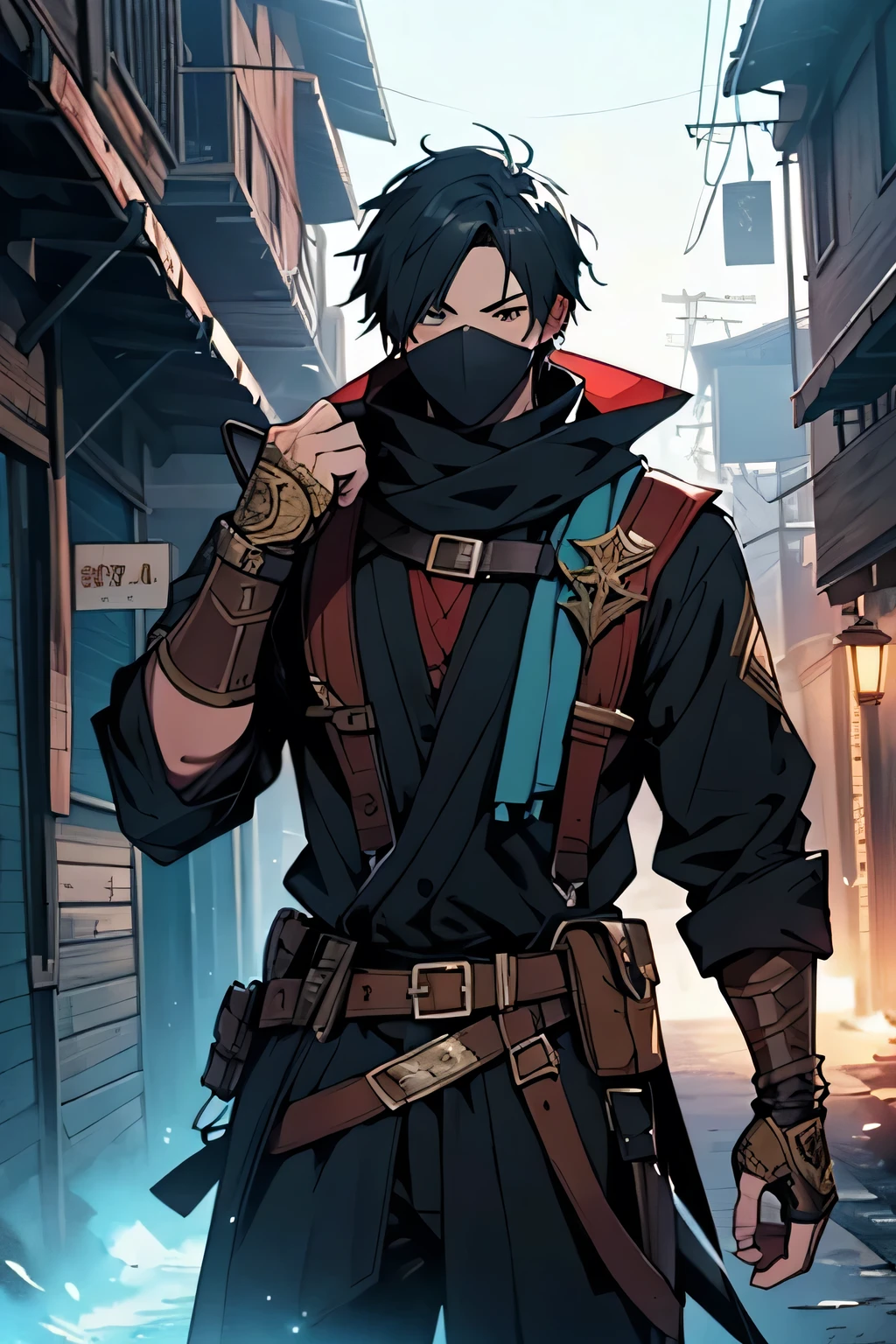 score up_9,score up_8,score up_7,source_アニメ,best quality,super fine illustration,super detailed,8k,Adventurer,black mantle,cool,fantasy,eye mask,holding_weapon