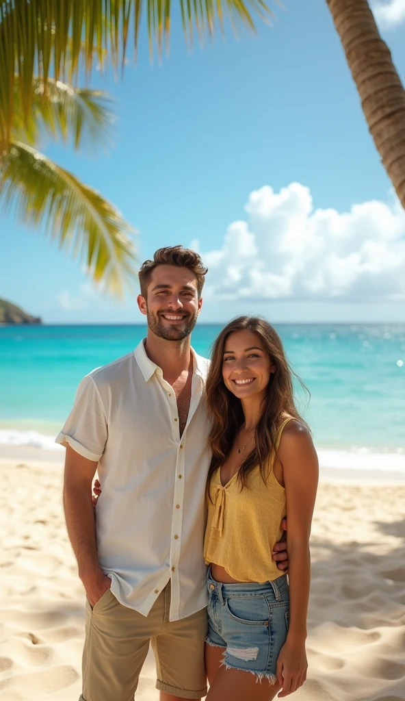 A high-quality, realistic image landscape, full body shot, front shot, snap couple shot at hawaii kahala beach park