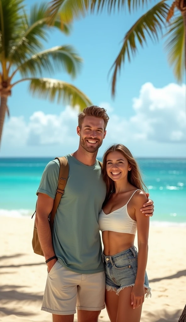 A high-quality, realistic image landscape, full body shot, front shot, snap couple shot at hawaii kahala beach park
