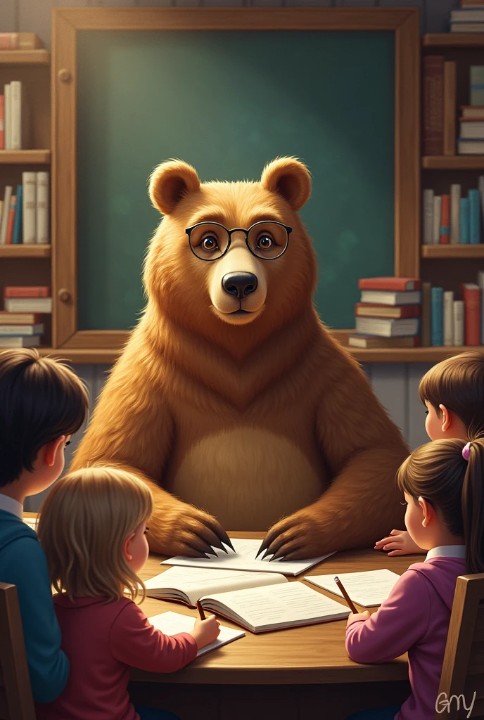 a bear studying with several children 