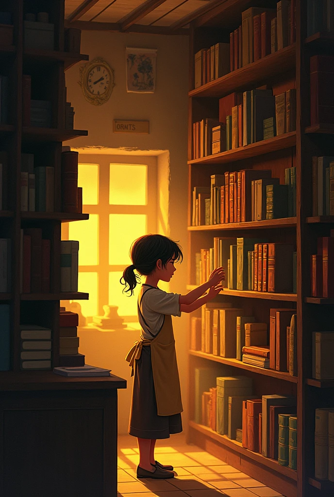 An old bookcase with high shelves full of books, illuminated by a warm yellow light. Spotlight, clara, a young girl with loose hair, dressed in simple clothes and a bookseller&#39;s apron, is organizing a shelf