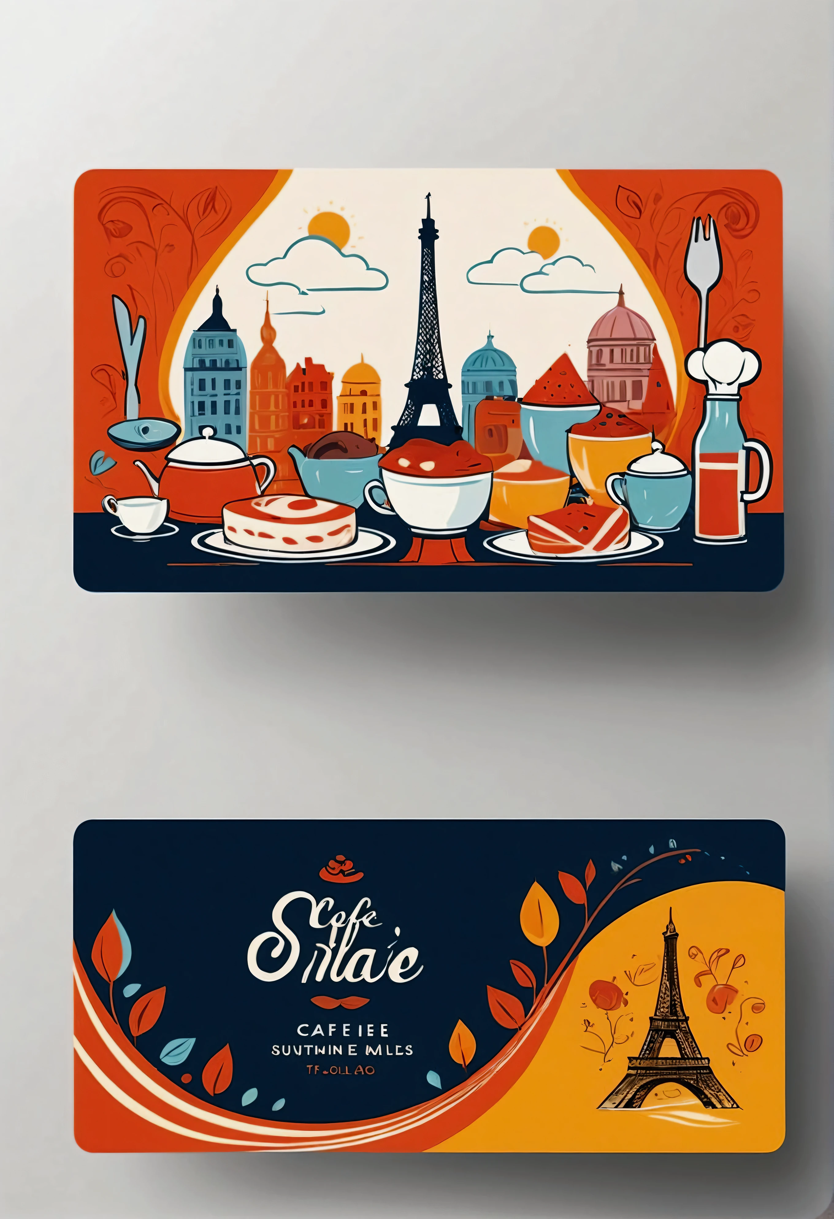 Create a horizontal business card for a chef of Café 'Paris' in the style of Vladimir Suteev. The card should have a whimsical and friendly design with playful illustrations of food, kitchen utensils, and Parisian landmarks, all in a consistent color scheme. The front side should have space on the left for the chef's name and title. The overall ambiance should evoke a sense of warmth and charm, with bright colors and simple, expressive lines. The dimensions should be 3.5 x 2 inches.