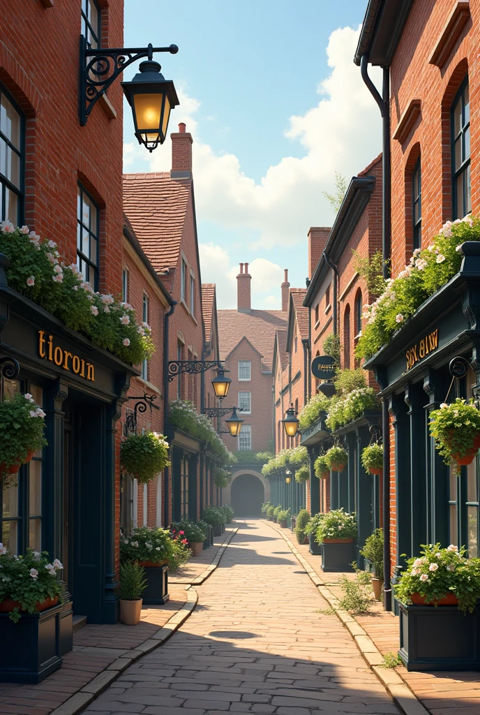 A small town in england at day time, with lamps in the street and no people