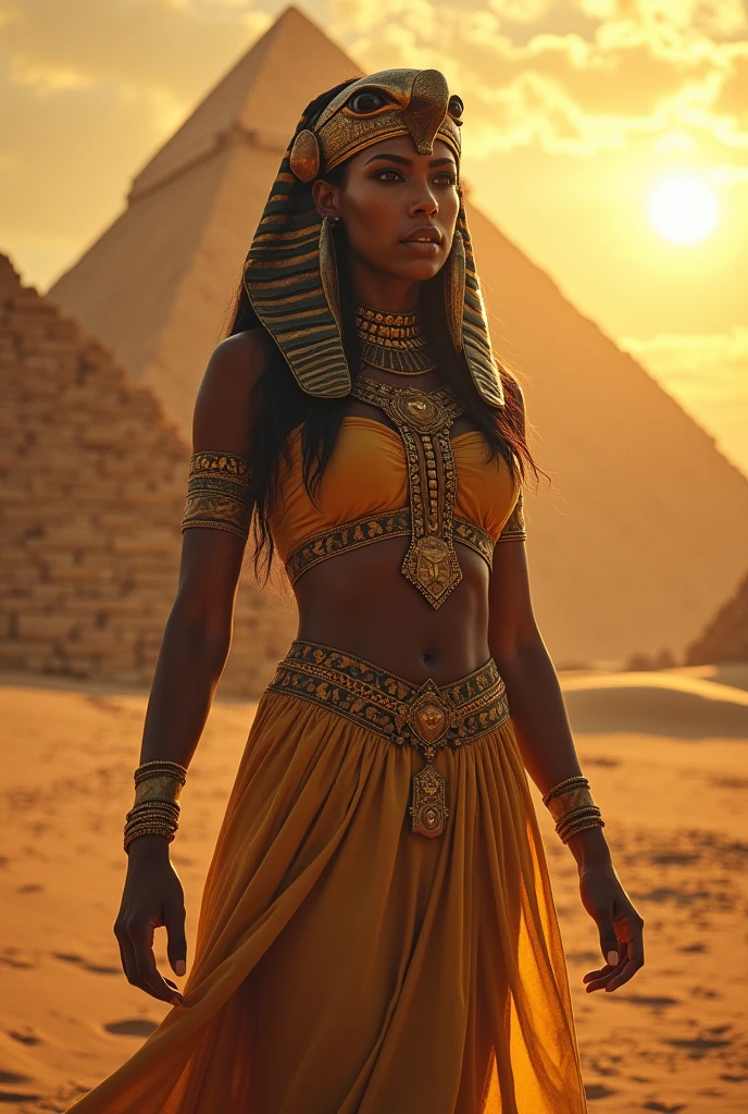 draw a beautiful woman, sexy queen of Pharaoh, old Egyptian goddess, pyramids 