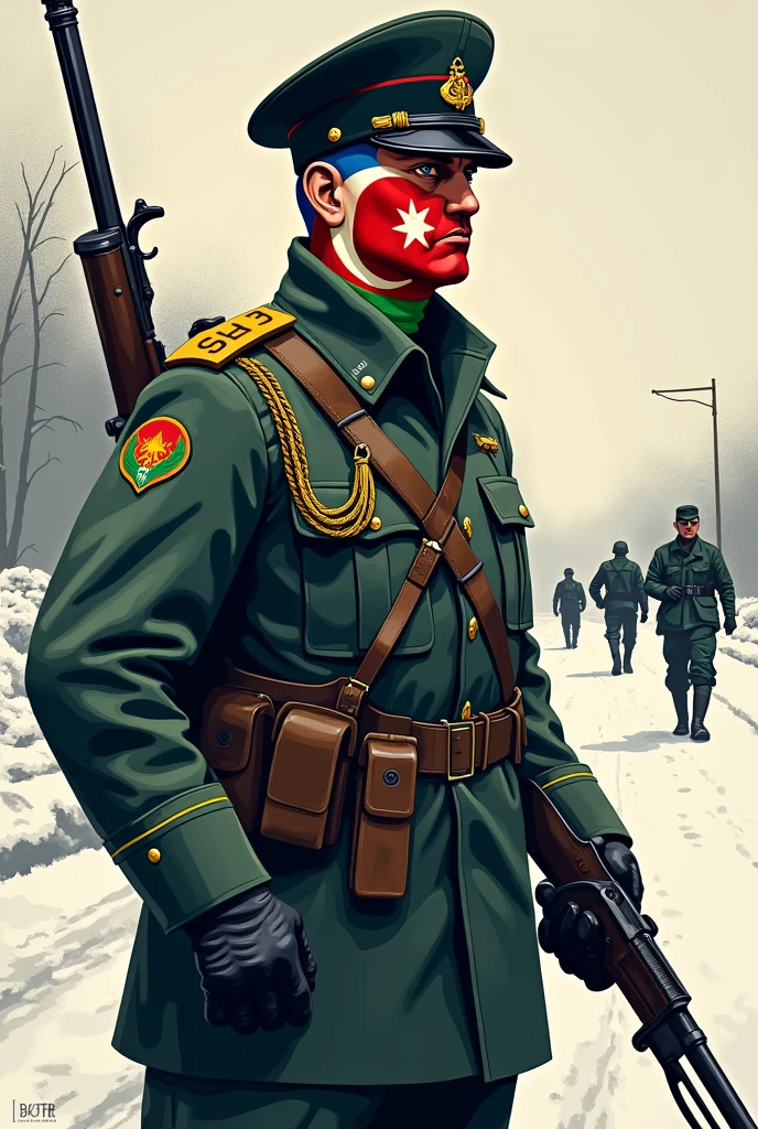 1. Face: The character should have a stylized face representing Azerbaijan, incorporating the colors and patterns of the national flag (blue, red, and green) along with the crescent, Nazi Germany symbol and star.

2. Body: The body should reflect a soldier in a World War II uniform, possibly with distinctive features or insignia related to the Azerbaijan Legion. It should be dynamic, showcasing the character in a fighting stance.

3. Background: Set in a snowy front, you could depict a winter landscape with hints of conflict, like distant silhouettes of Soviet soldiers or tanks, emphasizing the ongoing battle.

4. Art Style: Use a 2D drawing style, focusing on bold lines and contrasting shades typical of black and white illustrations from that era. 