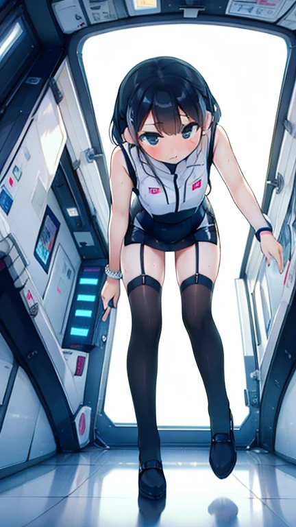 (Highest quality), (masterpiece), 1080P, High resolution, 4K, 8k, Inside the space station、Futuristic room、Thigh straps, Shooting from directly below, The woman on top of me, 白いSweat, Covered , Sweat, Woman looking down, Skirt swimsuit, Thigh-high socks, To achieve this, , , whole body, Black leather shoes, Braided hair, Inner Color, Embarrassed face, Short black hair, bracelet, Bedroom,celestial body_Vest
