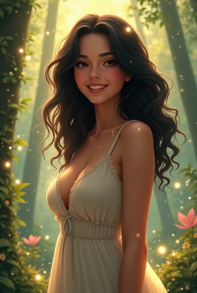 (masterpiece:1.2), best quality, (illustration:1.2), (Extremely detailed), Ultra Detail, (Fine details), (Intricate details), (Movie Lighting, best quality Backlights), Clear boundaries, From below, soloist, Soft lighting, Ethereal, magic looking, A straightforward looking girl,With soft black curly hair, Brown eyes, forest, fairy tale, whole body, Perfect body, Large Breasts,Hips, magic, Light Particles, firefly, Lovely smile