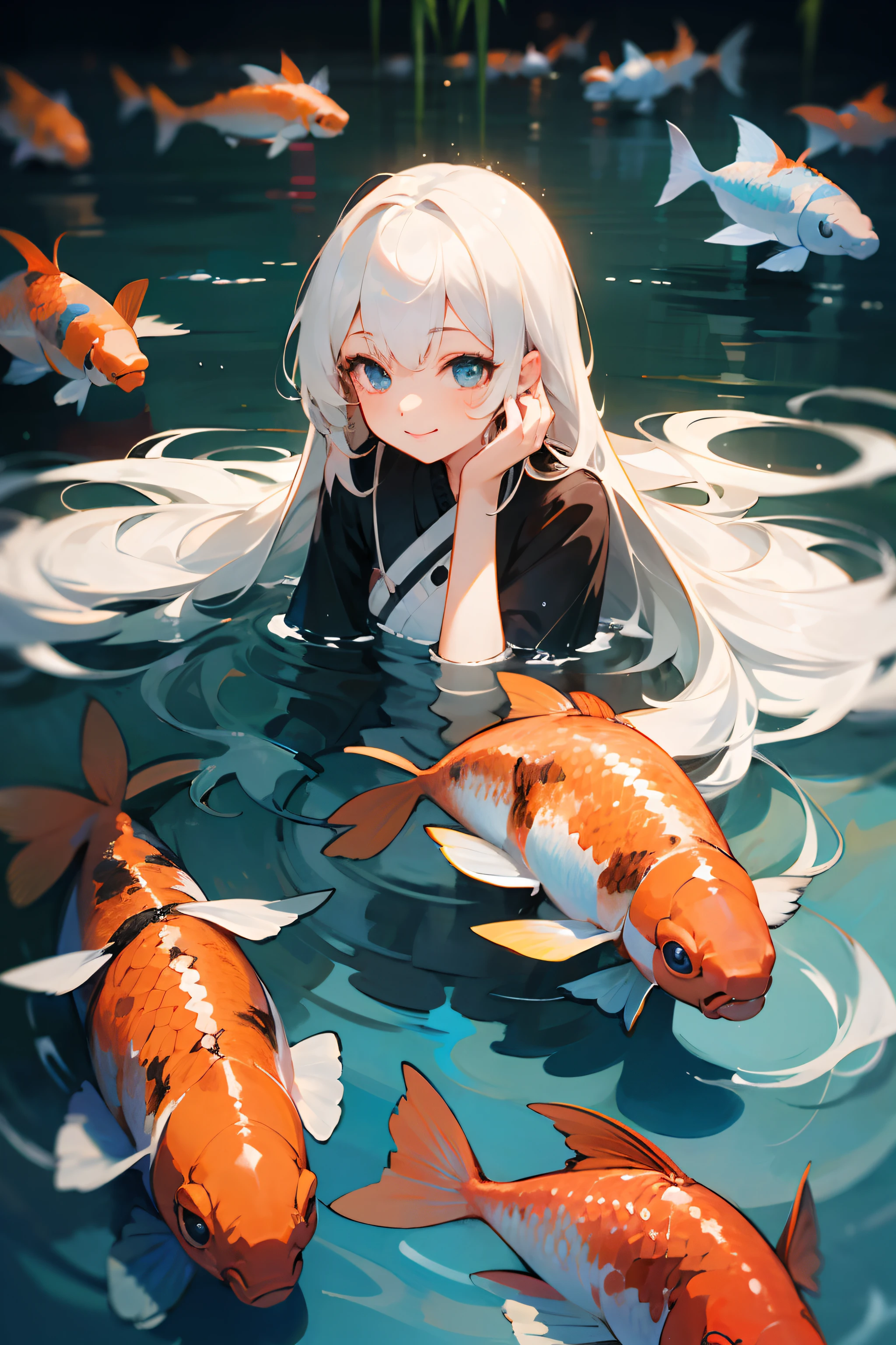 1 fille,longs cheveux blancs,slight smile,adorable,je regarde la caméra,request,magic of the'water,8k,high quality,head of'artwork