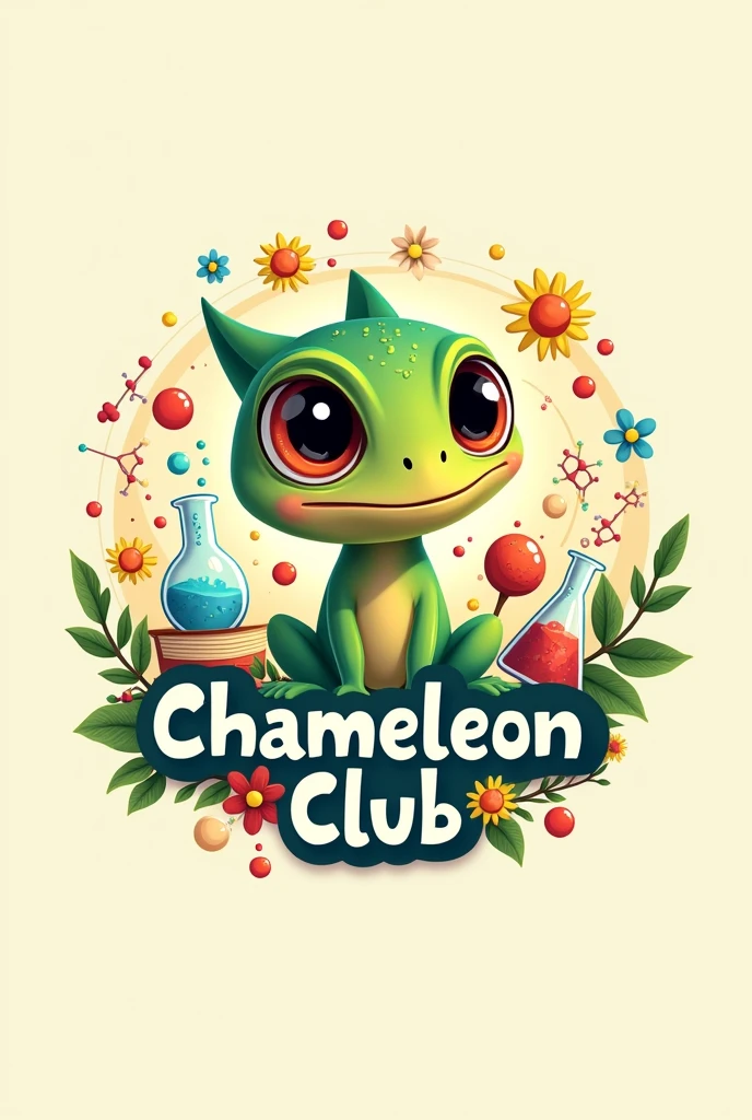 Create an image for a logo, that integrates a baby chameleon, that includes the title "Chameleon Club" In Spanish language, include elements of science and children&#39;s literature. Do it in the green colors, yellow, Red and blue. 

Let the logo be , integrating the different elements given.