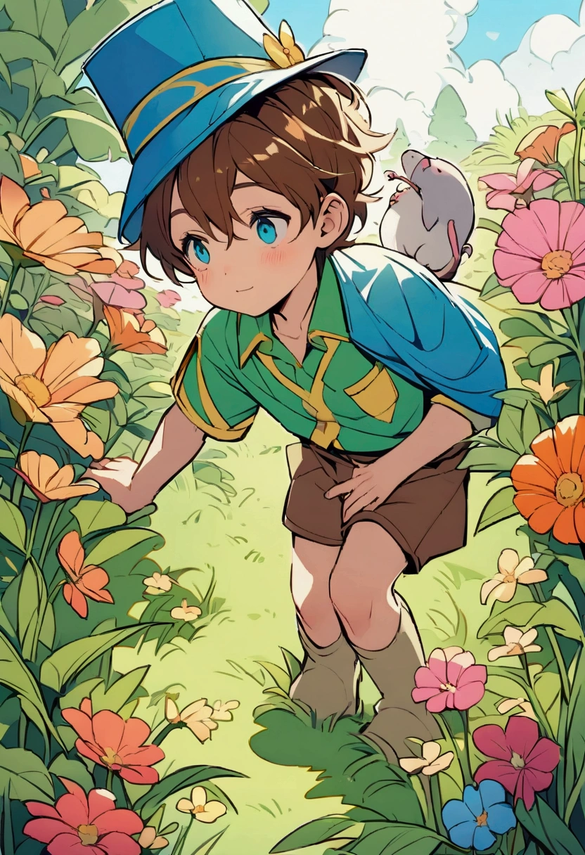 {
  "size": "9:16",
  "prompt": "A curious young boy named Léo, around , with brown hair, a green shirt, and brown shorts, is standing in a vibrant garden filled with colorful flowers and tall grass. In front of him, on a small rock, is a small, friendly rat wearing an elegant blue hat. The scene is bright and sunny, with the garden full of life, and Léo's face shows surprise and curiosity as he spots the unusual rat."
}