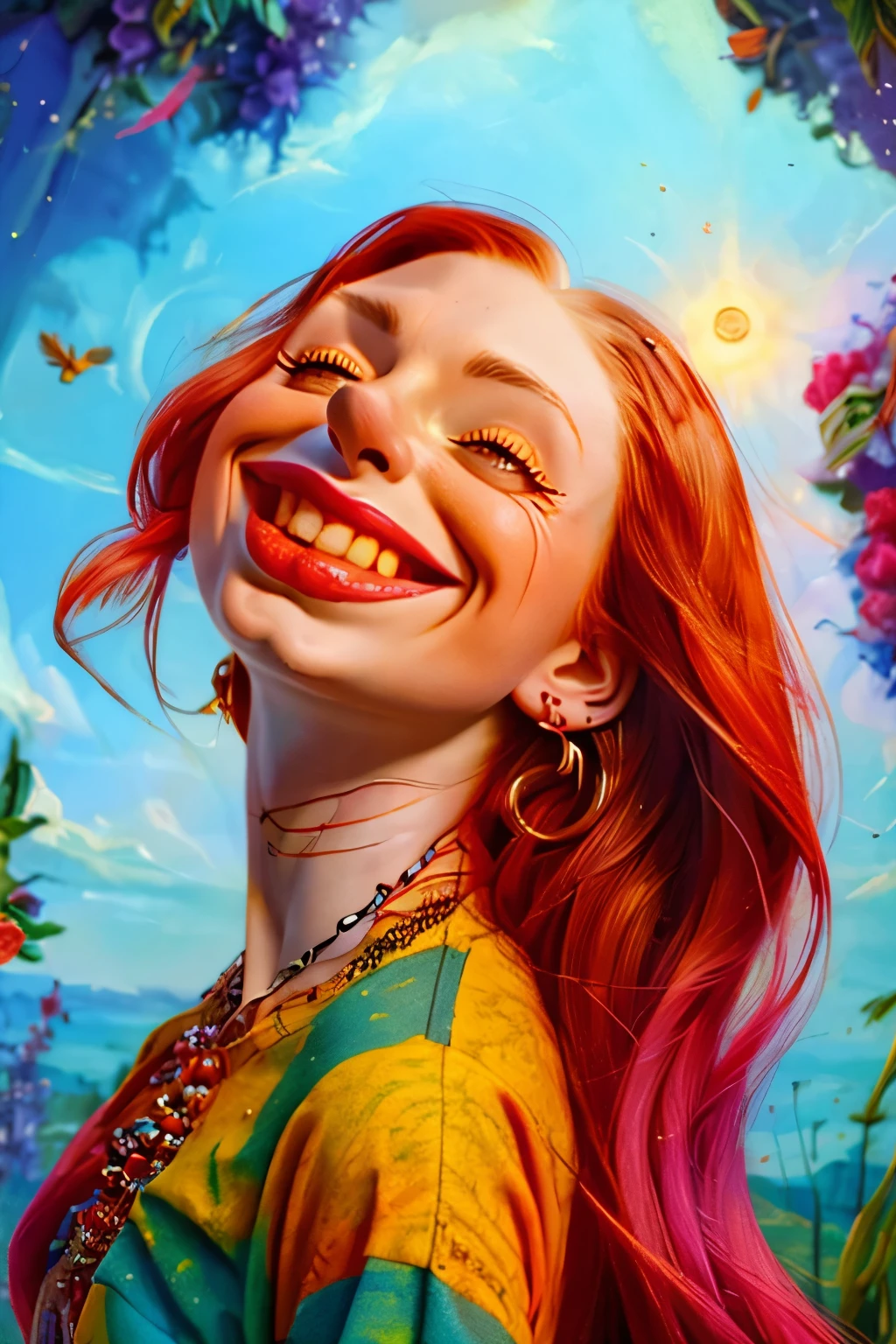 A (((caricature of Sophie Turner))) has a hippie girl floating in the sky, exaggerated facial features with large eyes and a wide, blissful smile, long flowing hair with flowers and beads, wearing vibrant tie-dye clothing, surrounded by colorful birds, surreal and dreamy atmosphere, clouds and stars in the background, psychedelic patterns swirling around, cartoon style, bright and vivid colors, peaceful and euphoric expression, dynamic and whimsical pose, highly detailed, (masterpiece: 2), best quality, ultra highres, original, extremely detailed, perfect lighting
