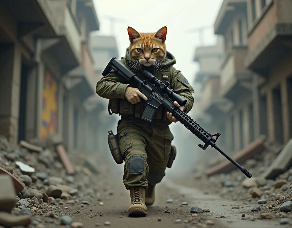 Cat in soldier outfits and sniper gun in the hand and walking street in call of duty game