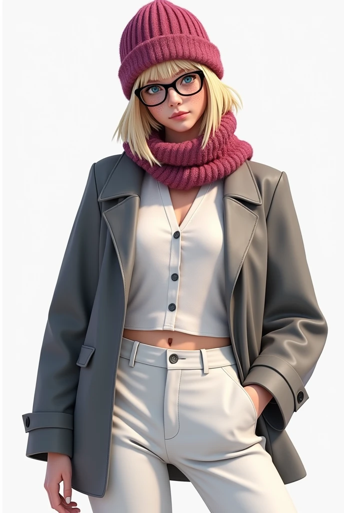 Female character white blouse white pants headphones dark pink kitten balaclava gray jacket black glasses with blonde hair and freckles on the face