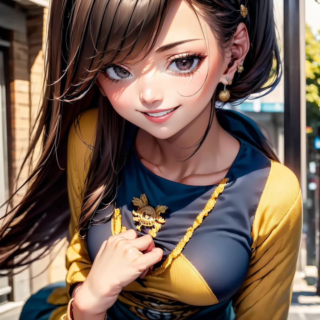 Highly detailed face, ((Open your eyes)), cute, Vibrant colors, Soft natural light, Bokeh effect. clothing(one piece)、(((ear))), Professional photography, Street Snapshots, Vibrant colors, (smile, Laughter),from the front