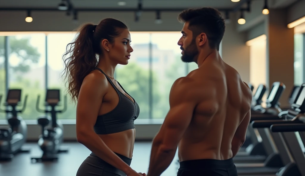 brunette and voluptuous girl, of Spanish descent, at the gym talking to a man, 4K, highly realistic
