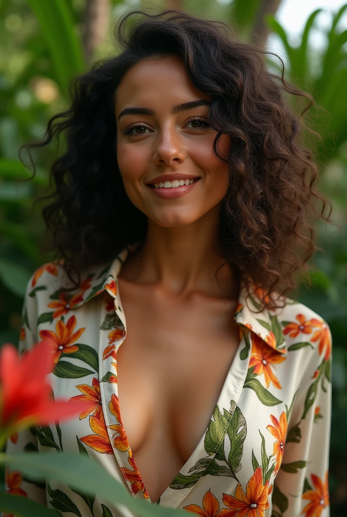 A Brazilian woman in a lush tropical garden, wearing an open shirt with a floral print, with a close-up capturing the harmonious beauty between her breasts and the natural flowers, showing off your natural charm and outgoing personality.