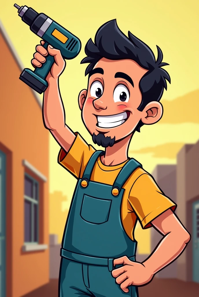 Brunette man with goatee and straight black hair smiling with a drill in his raised hand in cartoon