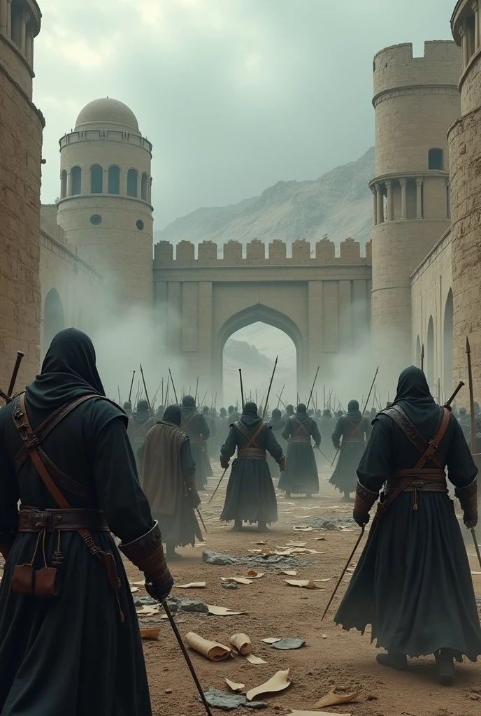Create a highly detailed scene depicting the fall of the Assassins in the 13th century, illustrating the final confrontation between the Mongol forces and the remnants of Sabbah’s order. The setting is the ruins of Alamut Castle, partially destroyed by the Mongol siege, under a dramatic, overcast sky.
The castle is depicted as a crumbling fortress, with shattered walls, collapsed towers, and debris scattered across the grounds. Smoke and dust fill the air, and the once-grand structure now stands in a state of desolation. Mongol soldiers, dressed in their distinct armor and helmets, are shown in the midst of battle, scaling the remaining walls and engaging in combat with the defenders.
The remaining members of the Assassin group, dressed in tattered and worn versions of their traditional dark attire, are depicted as they make a last stand against the invading forces. The scene should capture the intense and chaotic nature of the siege, with elements like broken weaponry, scattered scrolls, and abandoned artifacts illustrating the final moments of Sabbah’s order. The atmosphere is tense and dramatic, emphasizing the tragic end of a once-powerful faction and the overwhelming force of the Mongol conquest.