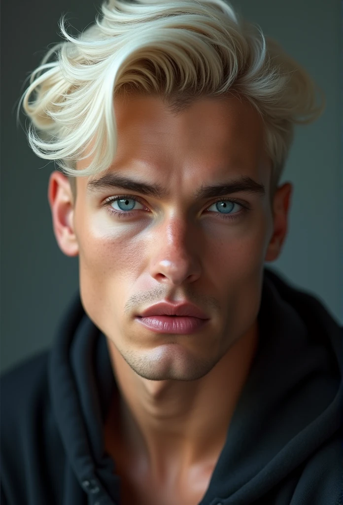 Blonde man with platinum blonde hair, comely, Youngh, Defined traits, symmetrical, blue colored eyes, sensual and romantic look 