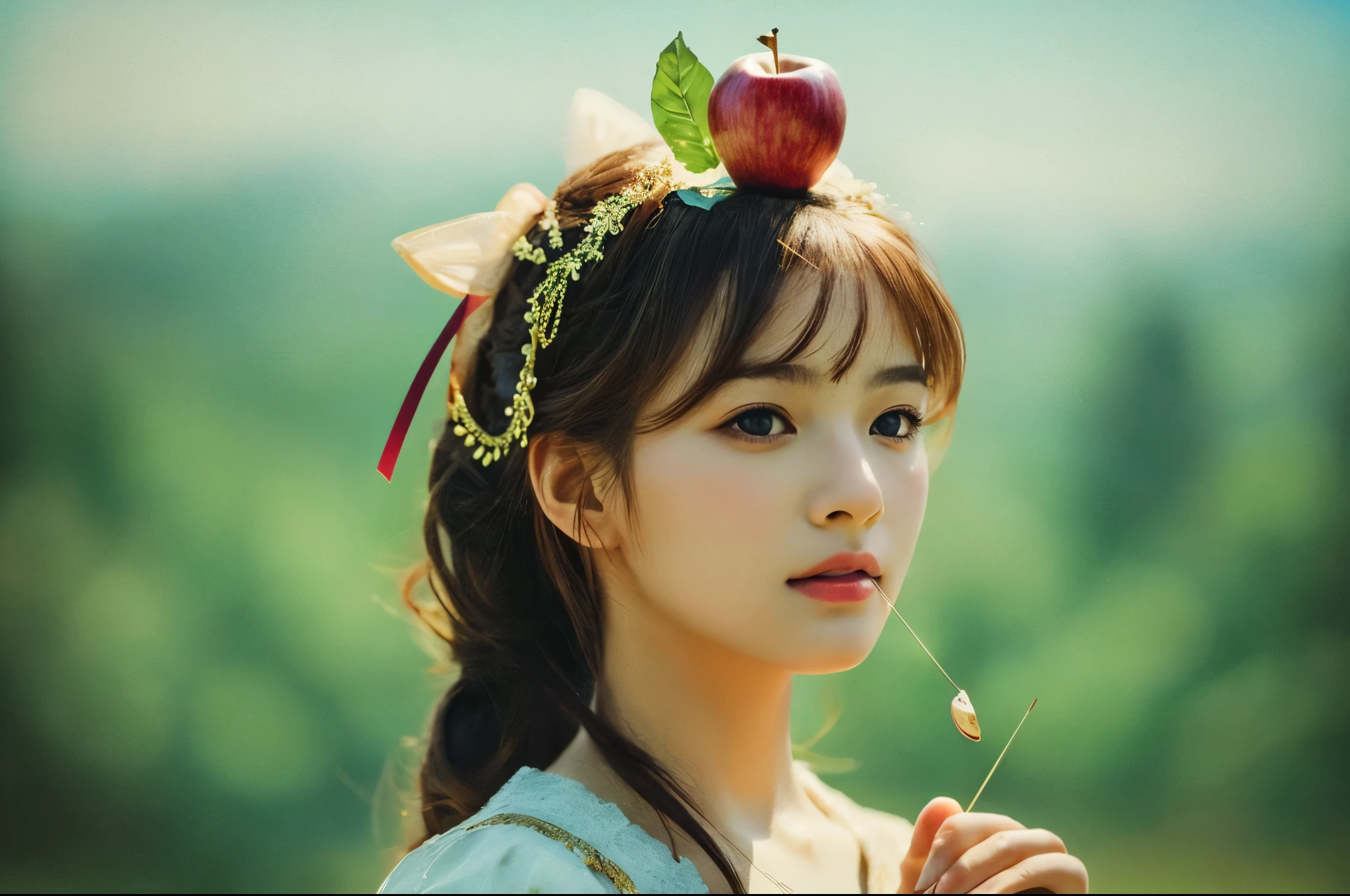 Highest quality masterpiece detailed A very pretty woman has an apple on her head with an arrow stuck in it Photo style Real Close-up