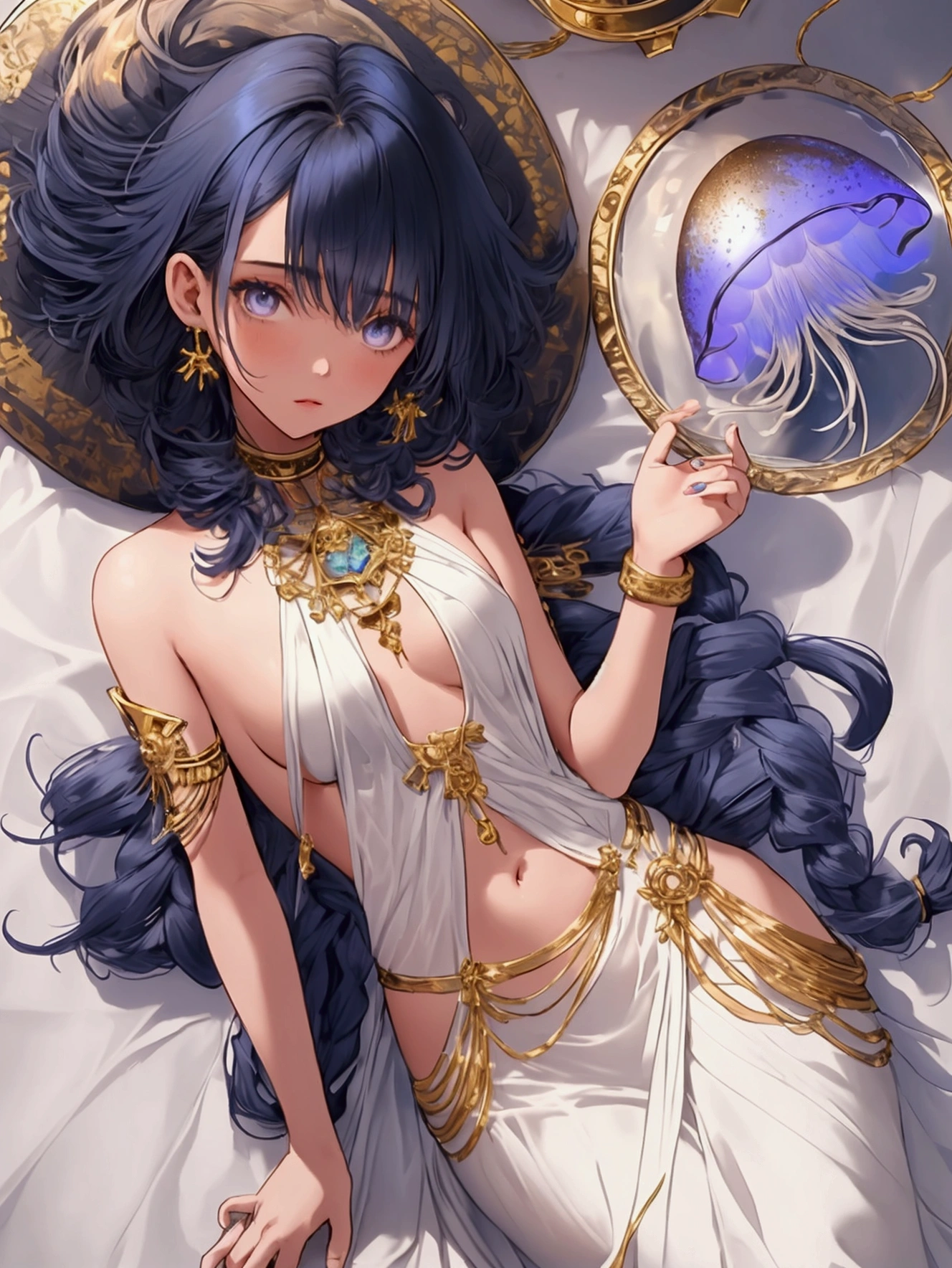 1girl, brown eyes, black hair with blue fade, blue fade in the, blue strands in the hair, (short hair followed by long hair in the back, jellyfish haircut), skinny waist, hourglass body, medium breasts,  tan skin, colored background, gold jewelry, listening to music, peaceful expression, calm, white long dress, laying on a bed, Spotify, young girl,  girl, teenager girl, 