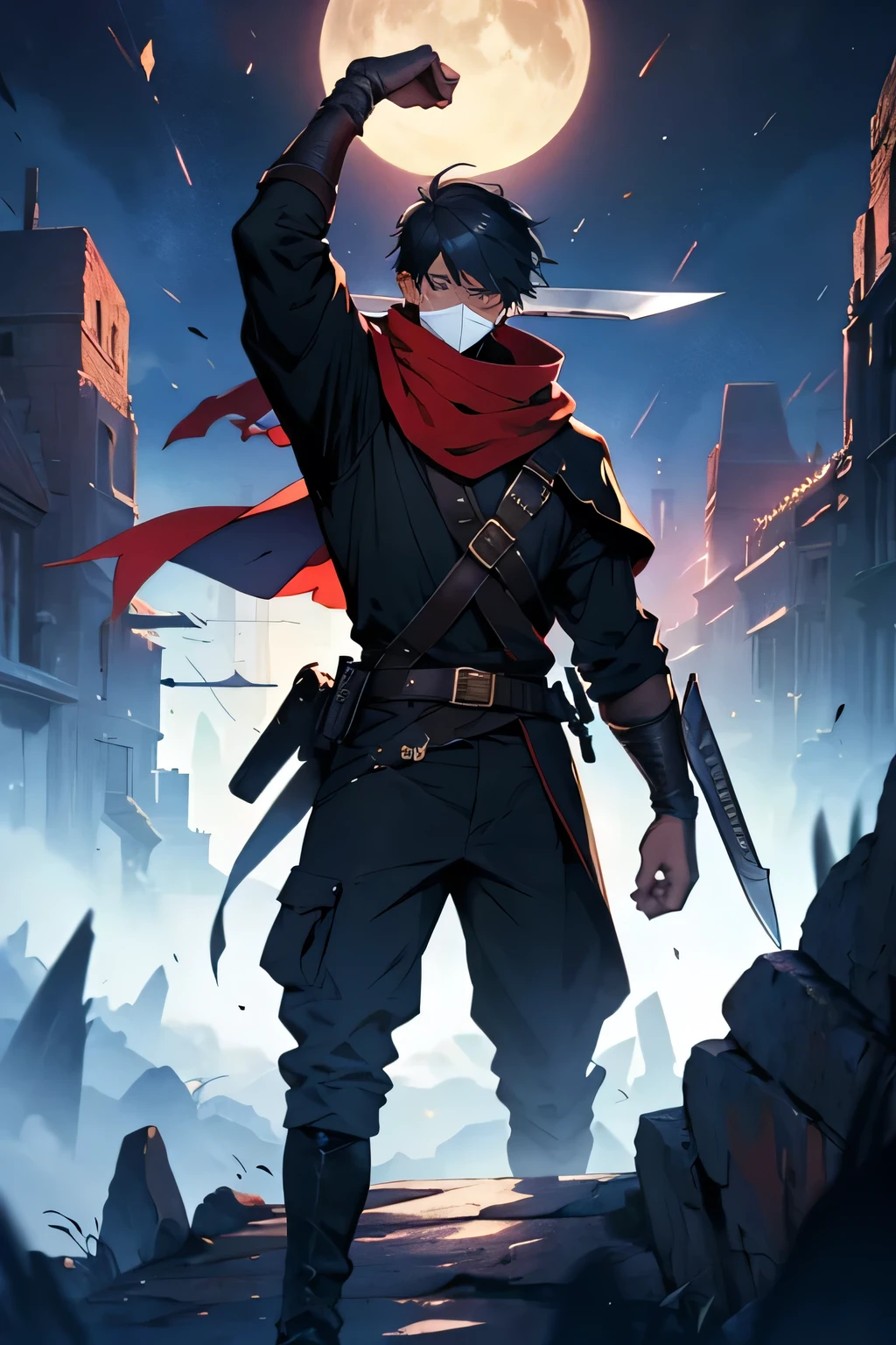 score up_9,score up_8,score up_7,source_アニメ,best quality,super fine illustration,super detailed,8k,Adventurer,black mantle,cool,fantasy,holding_knife,BREAK eye mask,
