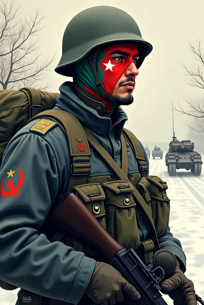 1. Face: The character should have a stylized face representing Azerbaijan, incorporating the colors and patterns of the national flag (blue, red, and green) along with the crescent, Nazi Germany symbol and star.
2. Body: The body should reflect a soldier in a World War II uniform, possibly with distinctive features or insignia related to the Azerbaijan Legion. It should be dynamic, showcasing the character in a fighting stance.
3. Background: Set in a snowy front, you could depict a winter landscape with hints of conflict, like distant silhouettes of Soviet soldiers or tanks, emphasizing the ongoing battle.
4. Art Style: Use a 2D drawing style, focusing on bold lines and contrasting shades typical of black and white illustrations from that era.
