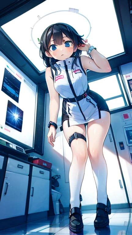 (Highest quality), (masterpiece), 1080P, High resolution, 4K, 8k, Inside the space station、Futuristic room、Thigh straps, Shooting from directly below, The woman on top of me, 白いSweat, Covered , Sweat, Woman looking down, Skirt swimsuit, Thigh-high socks, To achieve this, , , whole body, Black leather shoes, Braided hair, Inner Color, Embarrassed face, Short black hair, bracelet, Bedroom,celestial body_Vest