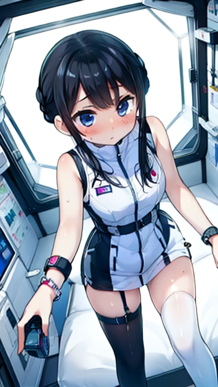(Highest quality), (masterpiece), 1080P, High resolution, 4K, 8k, Inside the space station、Futuristic room、Thigh straps, Shooting from directly below, The woman on top of me, 白いSweat, Covered , Sweat, Woman looking down, Skirt swimsuit, Thigh-high socks, To achieve this, , , whole body, Black leather shoes, Braided hair, Inner Color, Embarrassed face, Short black hair, bracelet, Bedroom,celestial body_Vest