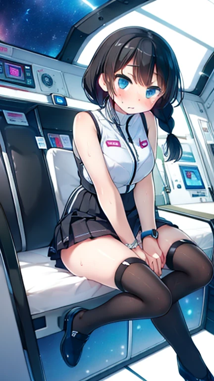 (Highest quality), (masterpiece), 1080P, High resolution, 4K, 8k, Inside the space station、Futuristic room、Thigh straps, Shooting from directly below, The woman on top of me, 白いSweat, Covered , Sweat, Woman looking down, Skirt swimsuit, Thigh-high socks, To achieve this, , , whole body, Black leather shoes, Braided hair, Inner Color, Embarrassed face, Short black hair, bracelet, Bedroom,celestial body_Vest
