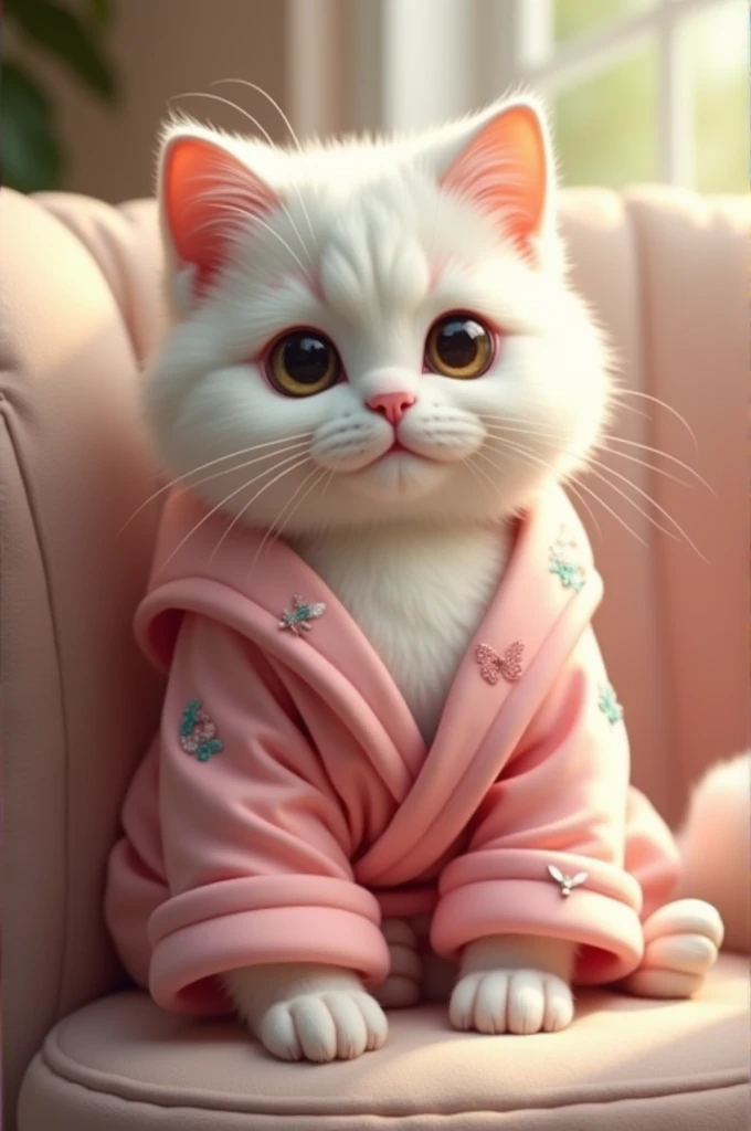 Create a charming white cat with a pink robe