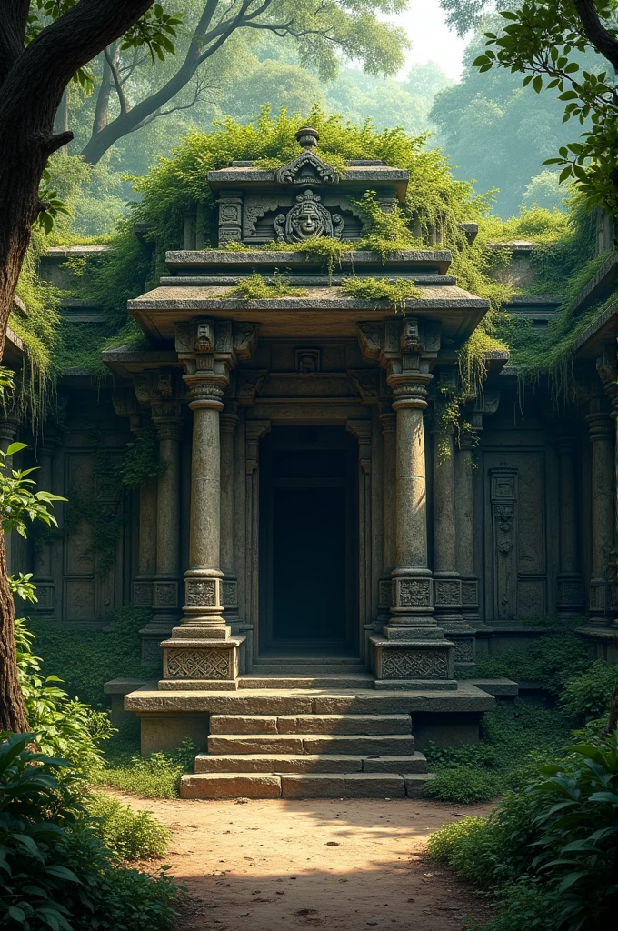 **Prompt:** A hidden temple from the 13th century, nestled deep within a dense, ancient forest. The temple features classic Indian architecture, with intricately carved stone pillars, detailed sculptures of deities, and elaborate carvings adorning the walls. The temple's entrance is partially overgrown with thick vines and moss, giving it a mysterious, untouched appearance. Sunlight filters through the thick canopy of trees, casting dappled light on the stone structure. The atmosphere is mystical, with the air thick with the scent of damp earth and the sound of distant wildlife echoing through the forest.