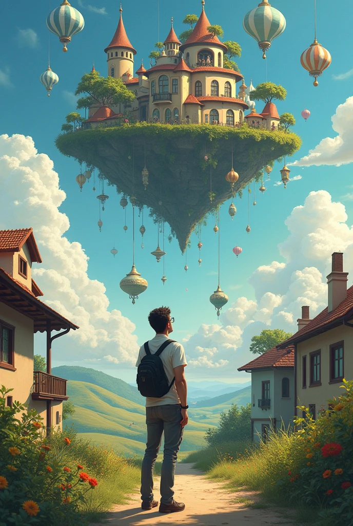 I want to create a picture where a man in outside of his home and seeing all shops on sky