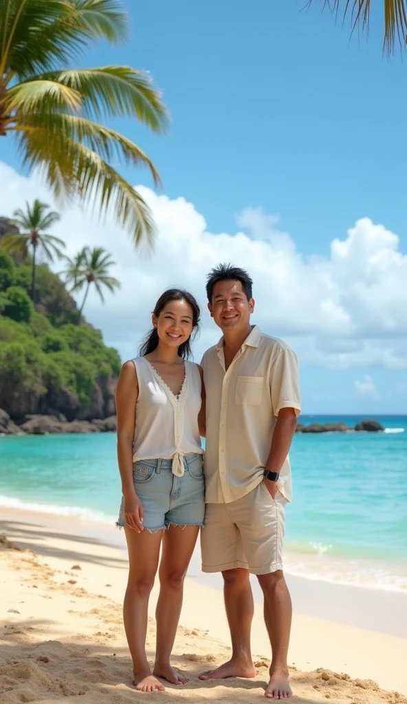 A high-quality, realistic image landscape, full body shot, front shot, snap asian couple shot by professional photographer at hawaii kahala beach park