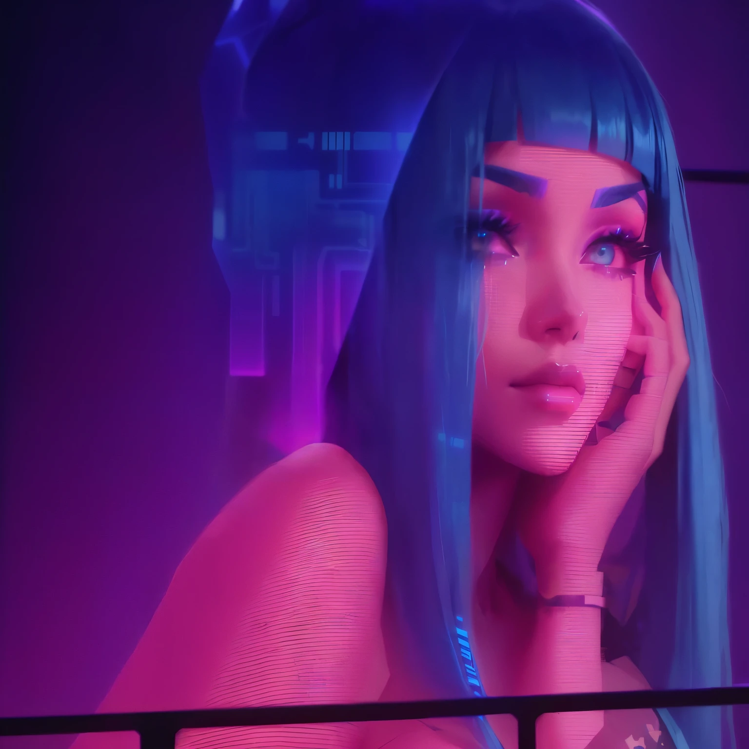 Giant hologram of a lady with blue hair and pitch black eyes with a neon sign behide her, in cyber punk 2077, film still of kim kardashian, blade runner 2049 style, blade runner 2049 colors, in lighting of blade runner 2049, girl with blue hair, blade runner vibes