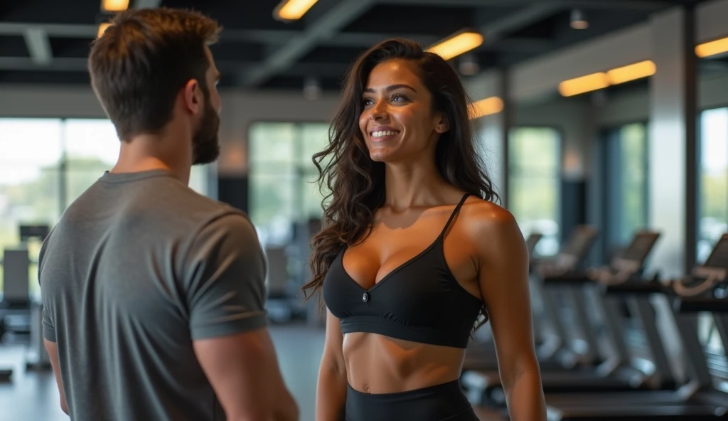 brunette and voluptuous girl, of Spanish descent, at the gym talking to a man, 4K, highly realistic