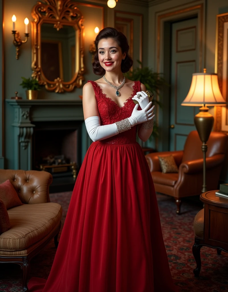 full body photo of a charming voluptuous 3 Israeli woman. Neck length 1950s style dark auburn hair pulled up. light blue eyes. Evening makeup. black eyeliner. rich red painted lips. hint of freckles. Wearing long elegant red winter weight ball gown with switched waist. Long tight white ??? leather opera gloves. art deco sapphire bracelet. matching necklace. Standing in art nouveau living room of old mansion in Cleveland. night. Holding clutch. loving smile. offering hug