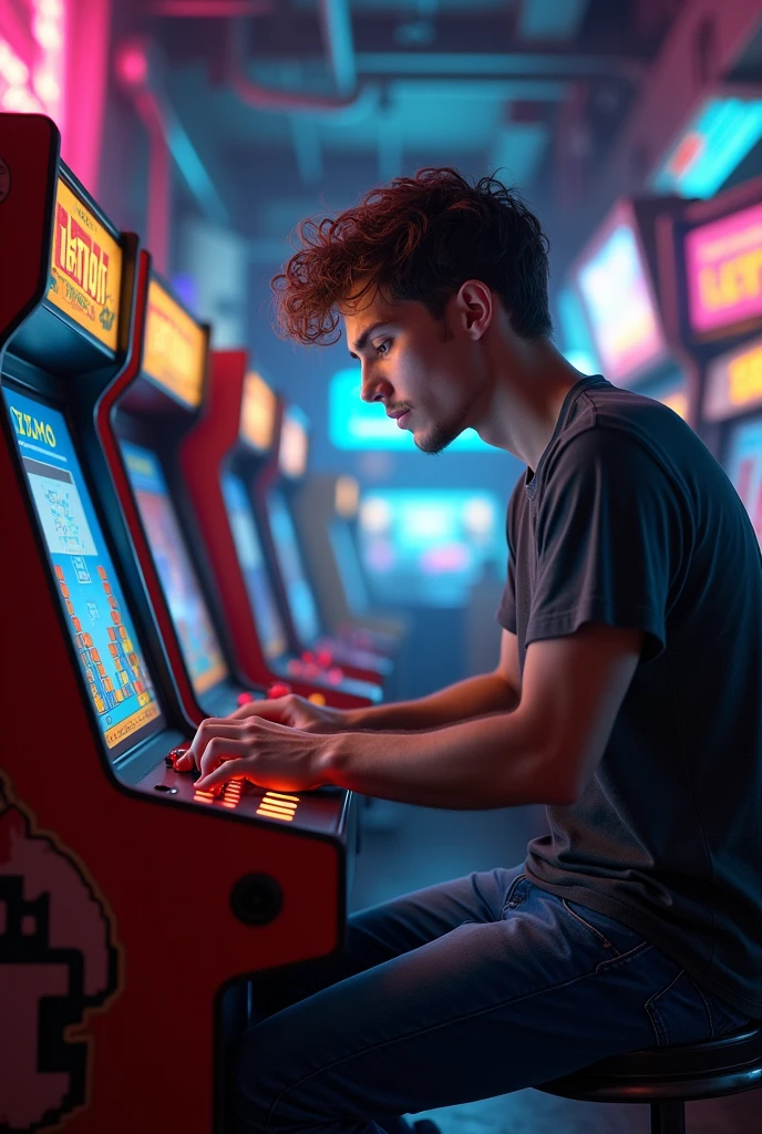guy playing tetris in an arcade