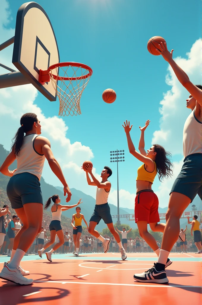 Creating people participating in a sport of throwing a ball into a hoop 