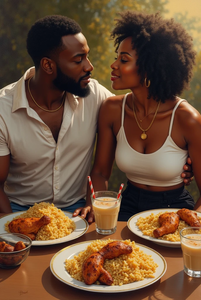 A beautiful African woman on a white top and black bum short revealing her hips withe her handsome African husband eating Two plates of jollof rice and chicken with two glasses of drink on the dining table and talking realistic paint