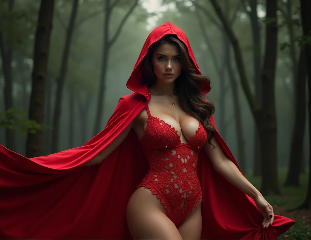 A captivating hyper-realistic close-up portrait of a voluptuous Red Riding Hood, dressed in an alluring red swimsuit adorned with intricatelace details. She effortlessly carries a flowing red cape, and the enchanting dark forest surrounds her. The image radiates glamour and fantasy, with a soft, dreamy atmosphere permeating the scene. The composition is captured in ultra-high definition 8K using a Plaubel Makina W67 Camera with a 50mm lens and F/2.8 aperture. HDR, volumetric lighting, and a shallow depth of field are masterfully employed to create a mesmerizing, high-quality image that reimagines a classic fairytale with a contemporary, glamorous twist. The text "Uma loira em sua Vida" adds a vibrant touch to theL