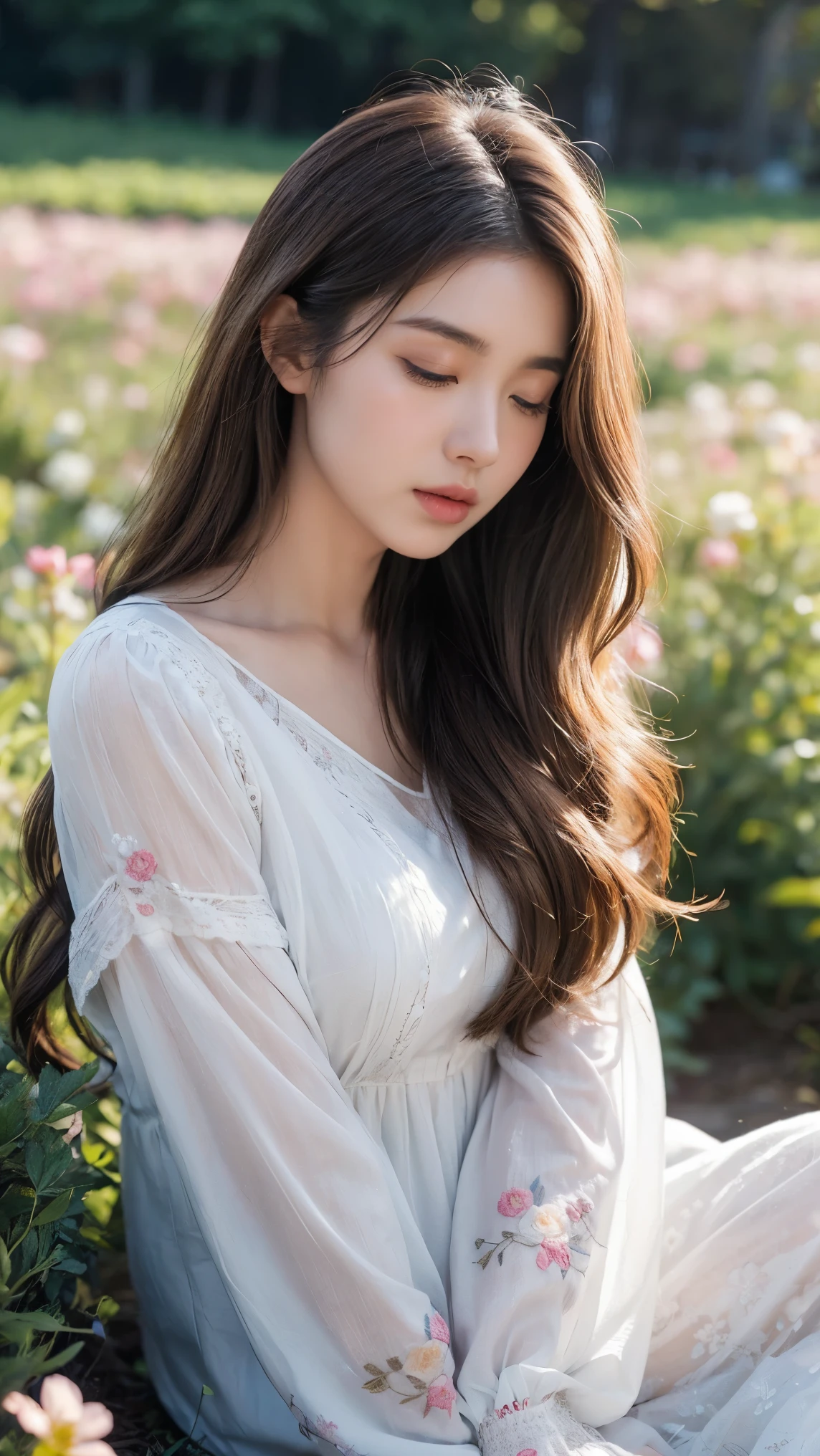 A serene and soft portrait, long shot, of a young woman with long, wavy, light brown hair. She is facing to the right, gazing off into the distance with a calm and thoughtful expression. The lighting is natural and soft, creating a gentle glow on her face. Her hands are gently holding the sides of her head, with fingers lightly touching her hair. She is wearing a light-colored, loose-fitting blouse with floral embroidery on the sleeves. lying pose on the flowers field. The background is blurred, with a cool, muted color palette, adding to the peaceful and contemplative mood of the scene.